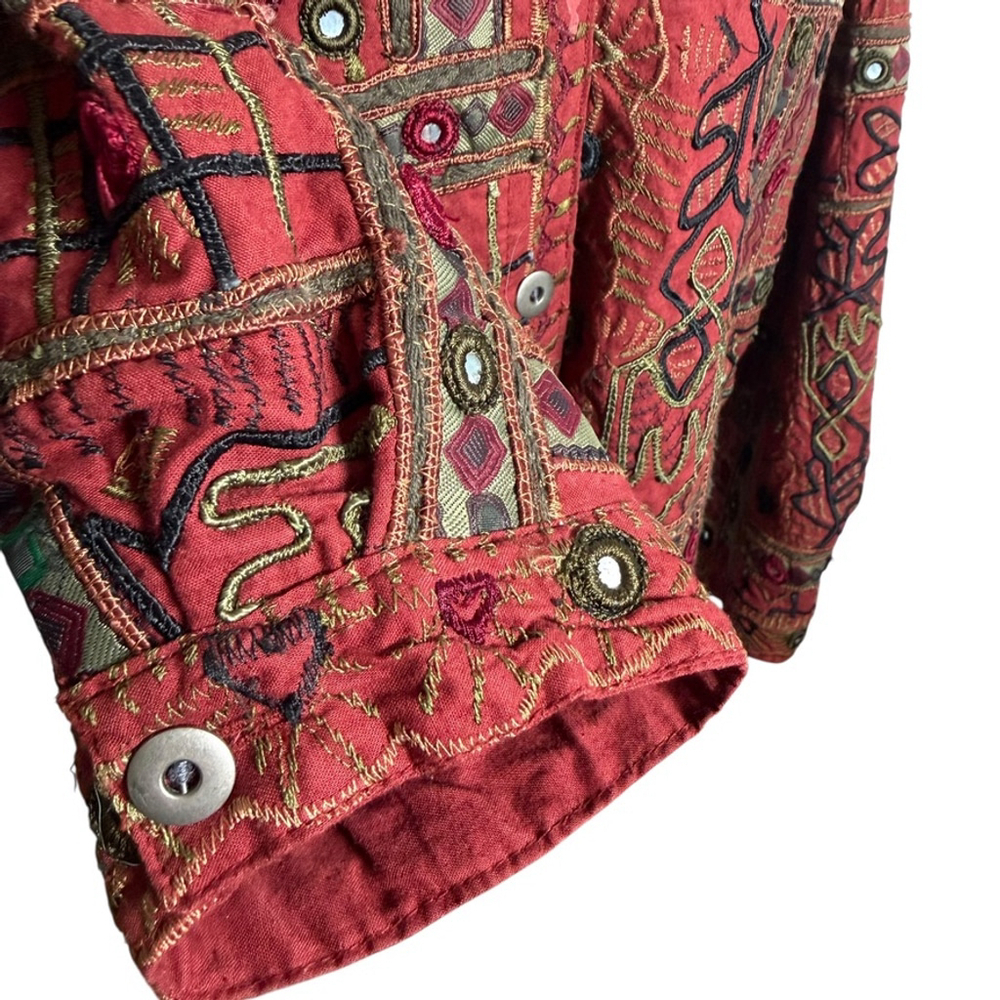 Chicos Rust Red Multi Embroidered Applique Jacket Vintage Boho Size 3 = XL - Picture 9 of 12
